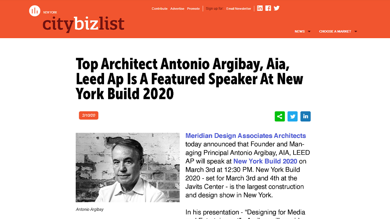 Top Architect Antonio Argibay, AIA, LEED AP Is A Featured Speaker At NY Build 2020 | New York CityBizList